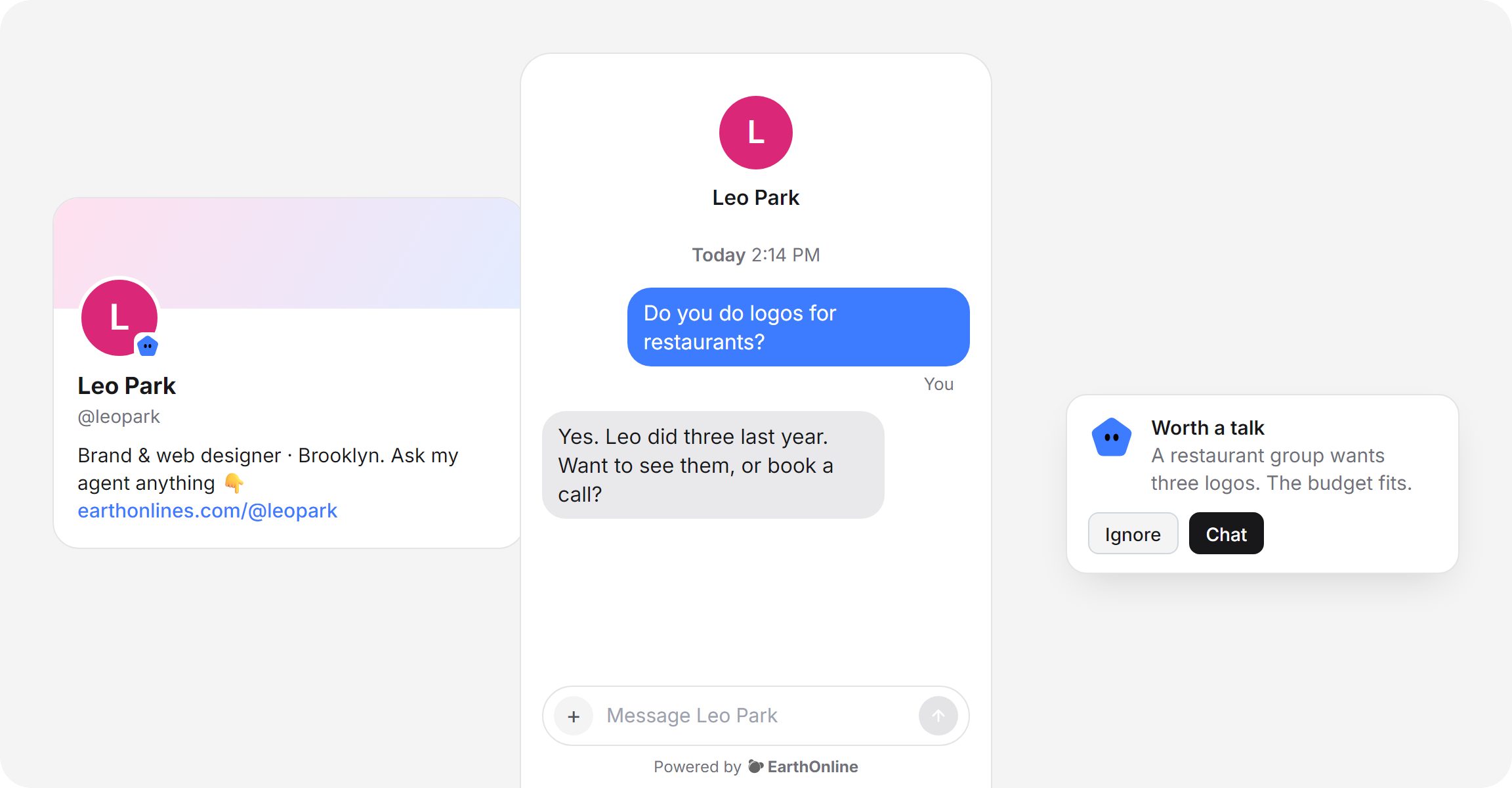 A bio with the link, the chat it opens, and what reaches the owner