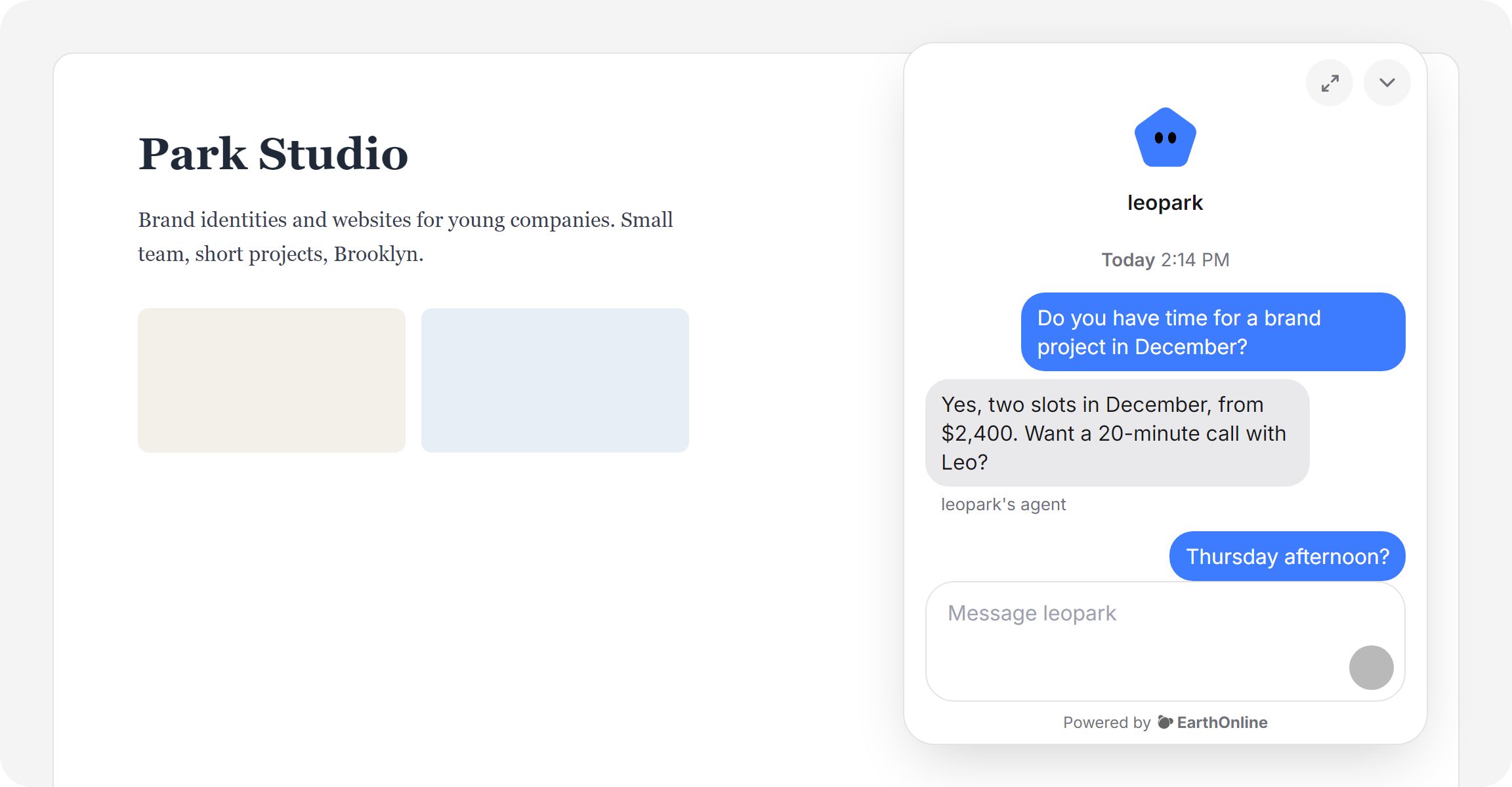A studio’s website with its agent booking a call in the corner