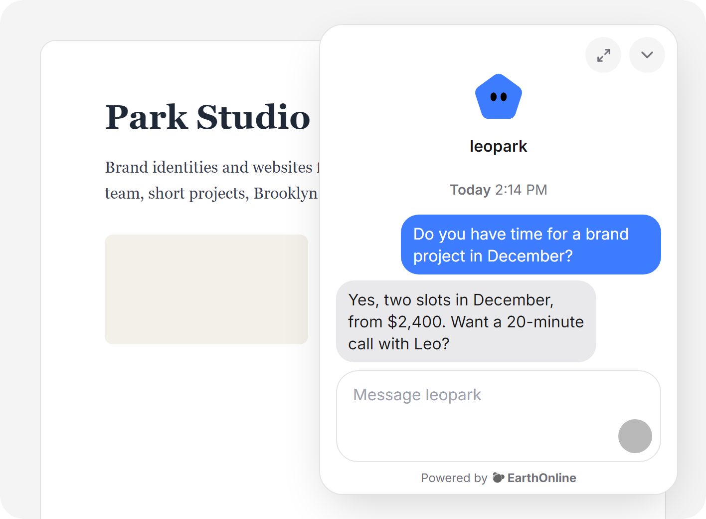 A studio’s website with its agent’s chat open in the corner